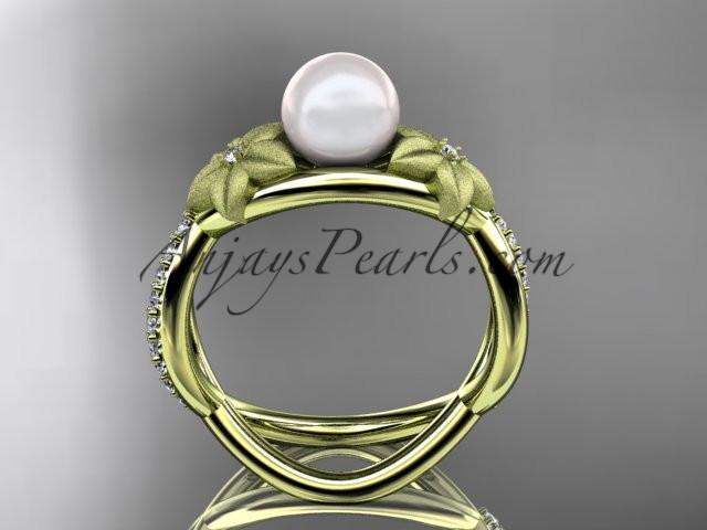 14k yellow gold diamond pearl vine and leaf engagement ring AP90 - AnjaysDesigns