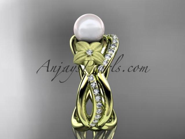 14k yellow gold diamond pearl vine and leaf engagement set AP90S - AnjaysDesigns