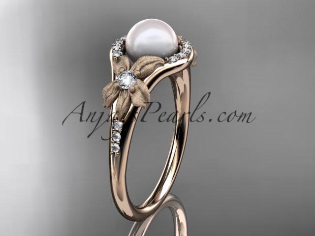 14k rose gold diamond pearl vine and leaf engagement ring AP91 - AnjaysDesigns