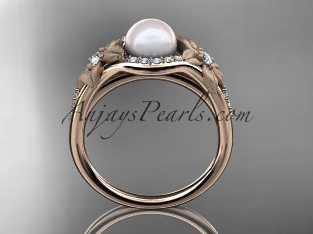 14k rose gold diamond pearl vine and leaf engagement ring AP91 - AnjaysDesigns