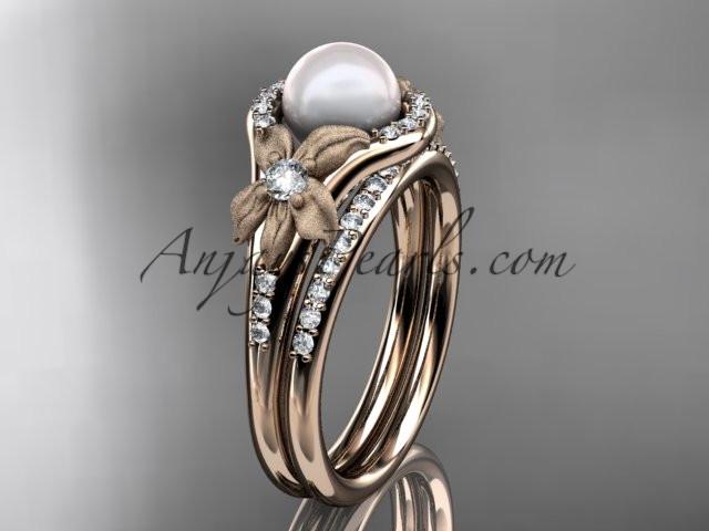 14k rose gold diamond pearl vine and leaf engagement set AP91S - AnjaysDesigns