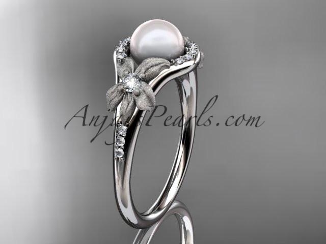 Platinum diamond pearl vine and leaf engagement ring AP91 - AnjaysDesigns