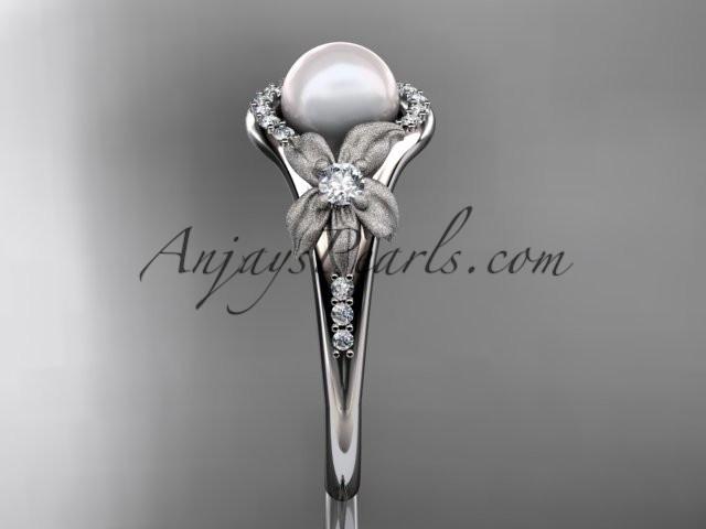 14k white gold diamond pearl vine and leaf engagement ring AP91 - AnjaysDesigns