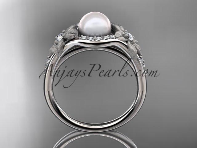 14k white gold diamond pearl vine and leaf engagement ring AP91 - AnjaysDesigns