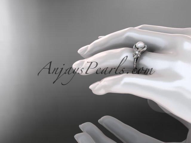 14k white gold diamond pearl vine and leaf engagement ring AP91 - AnjaysDesigns