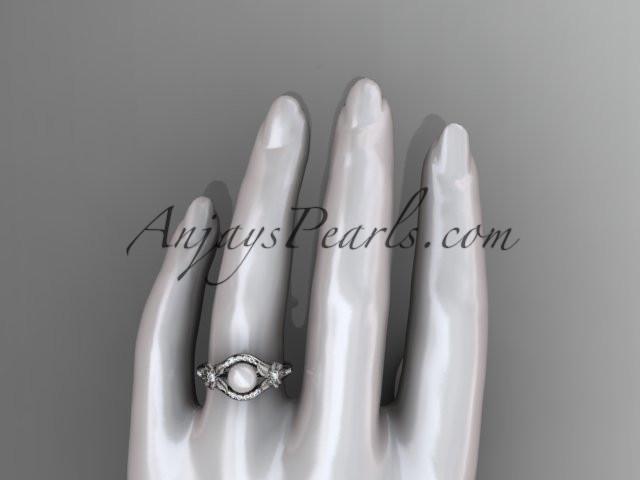 14k white gold diamond pearl vine and leaf engagement ring AP91 - AnjaysDesigns