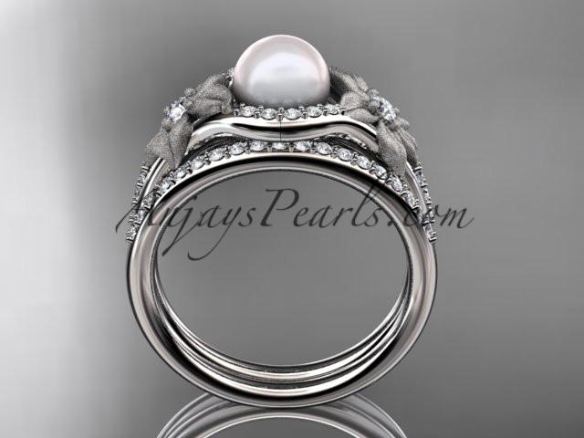 platinum diamond pearl vine and leaf engagement set AP91S - AnjaysDesigns