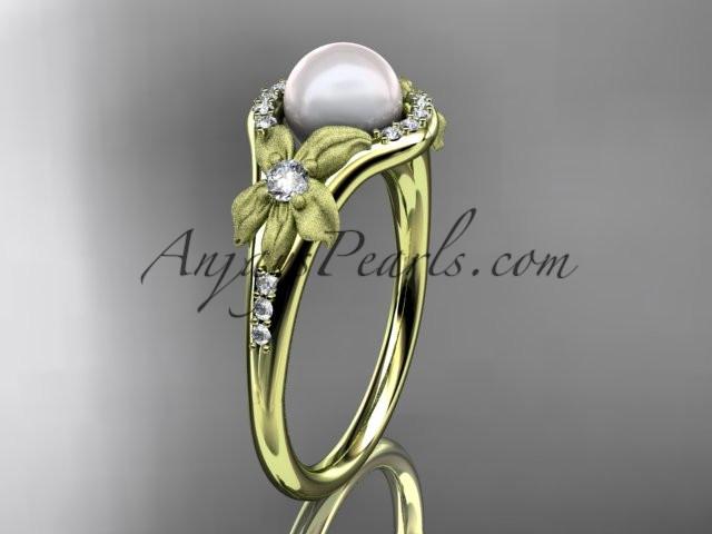 14k yellow gold diamond pearl vine and leaf engagement ring AP91 - AnjaysDesigns