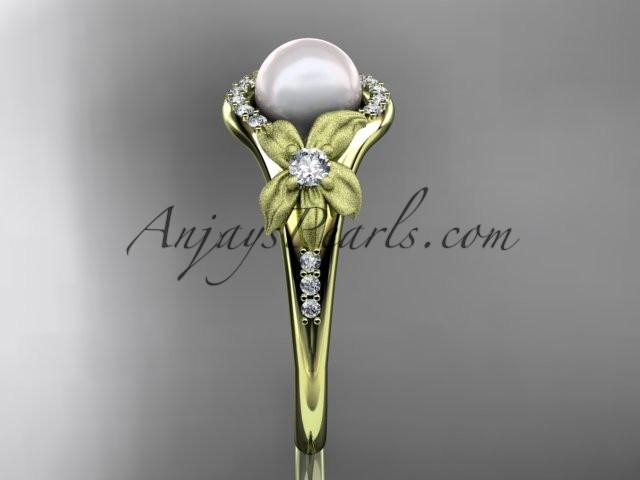 14k yellow gold diamond pearl vine and leaf engagement ring AP91 - AnjaysDesigns