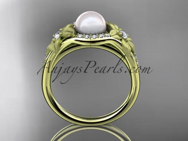 14k yellow gold diamond pearl vine and leaf engagement ring AP91 - AnjaysDesigns
