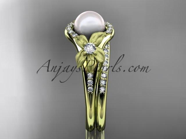 14k yellow gold diamond pearl vine and leaf engagement set AP91S - AnjaysDesigns