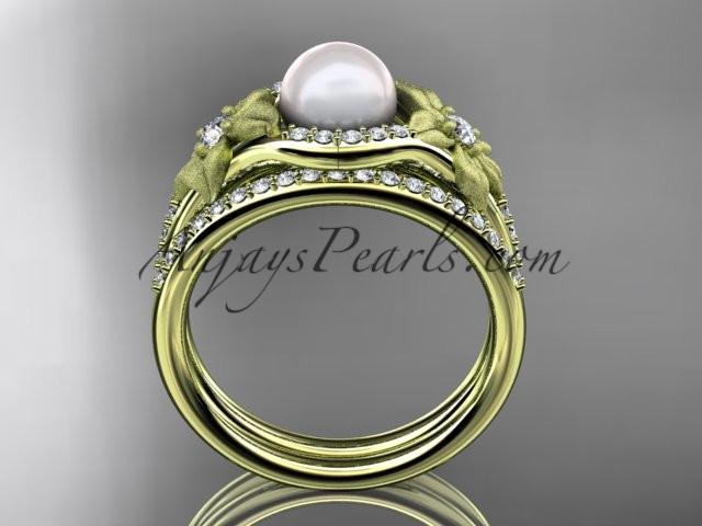 14k yellow gold diamond pearl vine and leaf engagement set AP91S - AnjaysDesigns