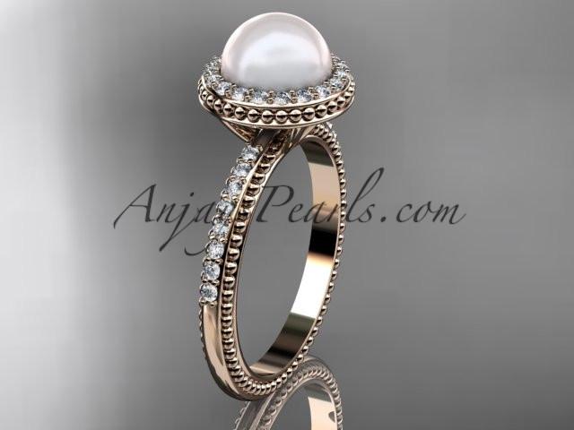 14k rose gold diamond pearl vine and leaf engagement ring AP95 - AnjaysDesigns