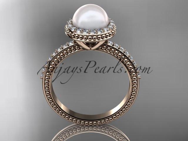 14k rose gold diamond pearl vine and leaf engagement ring AP95 - AnjaysDesigns