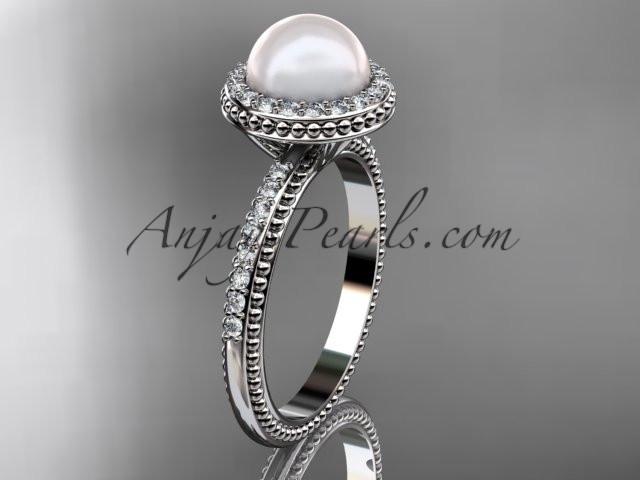 platinum diamond pearl vine and leaf engagement ring AP95 - AnjaysDesigns
