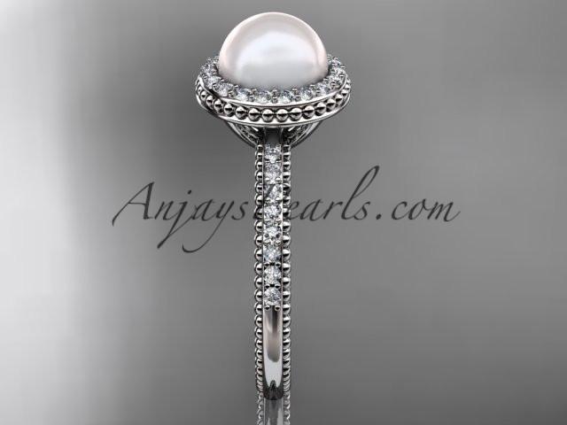platinum diamond pearl vine and leaf engagement ring AP95 - AnjaysDesigns