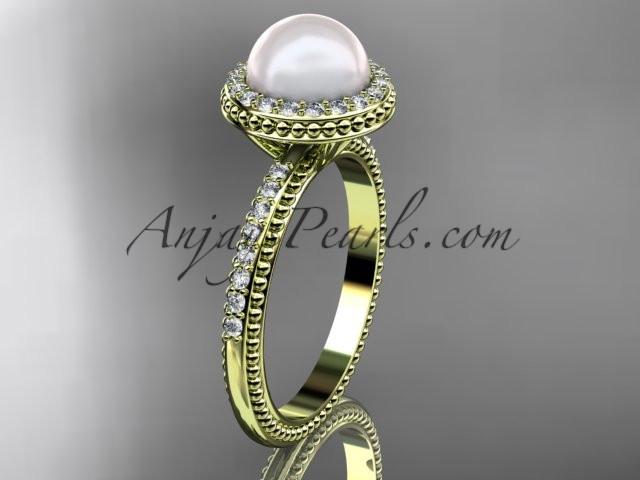 14k yellow gold diamond pearl vine and leaf engagement ring AP95 - AnjaysDesigns