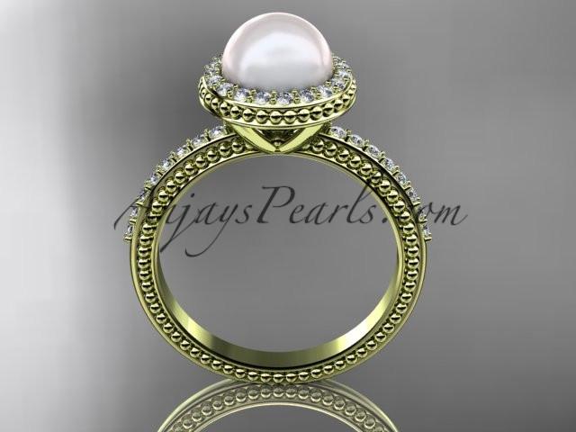 14k yellow gold diamond pearl vine and leaf engagement ring AP95 - AnjaysDesigns