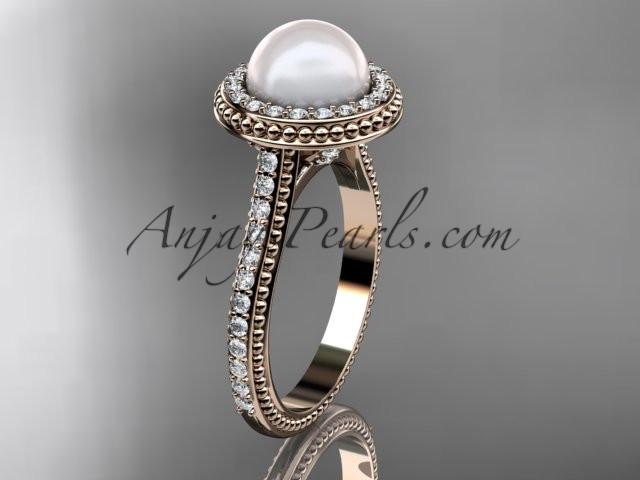 14k rose gold diamond pearl vine and leaf engagement ring AP97 - AnjaysDesigns