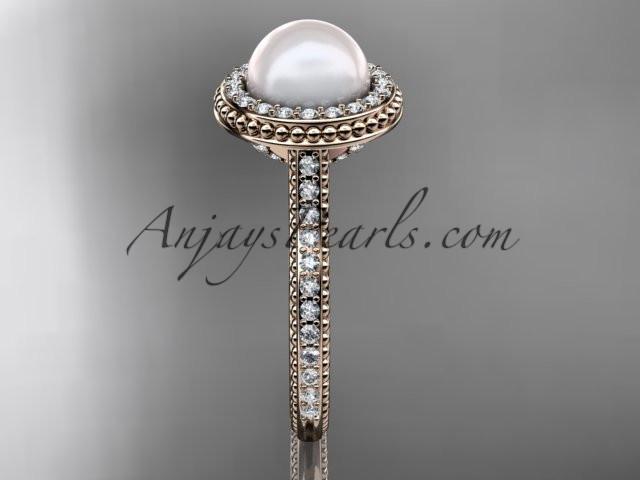 14k rose gold diamond pearl vine and leaf engagement ring AP97 - AnjaysDesigns