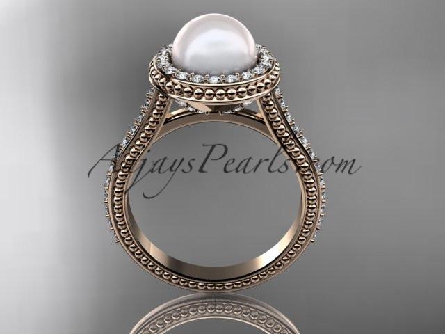 14k rose gold diamond pearl vine and leaf engagement ring AP97 - AnjaysDesigns