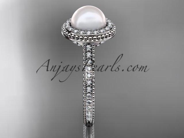 14k white gold diamond pearl vine and leaf engagement ring AP97 - AnjaysDesigns