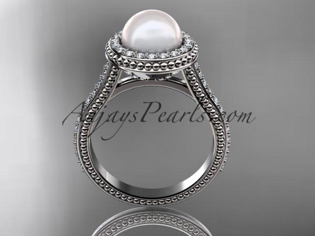 14k white gold diamond pearl vine and leaf engagement ring AP97 - AnjaysDesigns