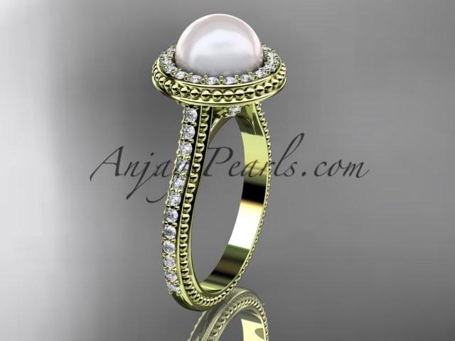 14k yellow gold diamond pearl vine and leaf engagement ring AP97 - AnjaysDesigns