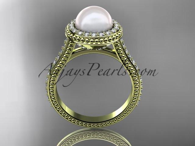 14k yellow gold diamond pearl vine and leaf engagement ring AP97 - AnjaysDesigns