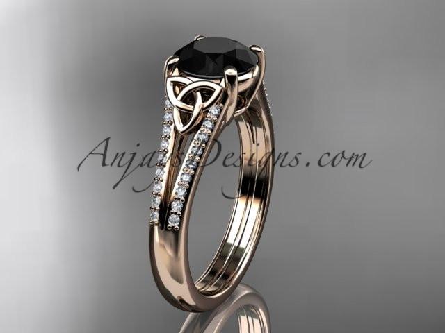 14kt rose gold celtic trinity knot engagement ring ,diamond wedding ring with a Black Diamond center stone CT7108 - AnjaysDesigns