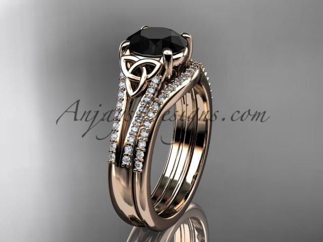 14kt rose gold celtic trinity knot engagement ring ,diamond wedding ring, engagment set with a Black Diamond center stone CT7108S - AnjaysDesigns