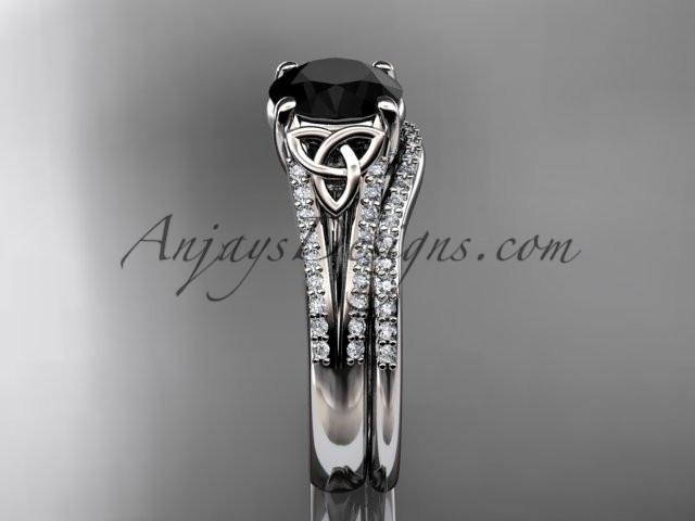 platinum celtic trinity knot engagement ring ,diamond wedding ring, engagment set with a Black Diamond center stone CT7108S - AnjaysDesigns