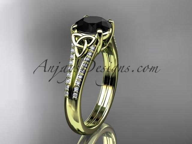 14kt yellow gold celtic trinity knot engagement ring ,diamond wedding ring with a Black Diamond center stone CT7108 - AnjaysDesigns