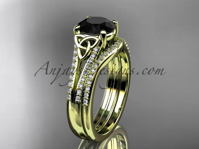 14kt yellow gold celtic trinity knot engagement ring ,diamond wedding ring, engagment set with a Black Diamond center stone CT7108S - AnjaysDesigns