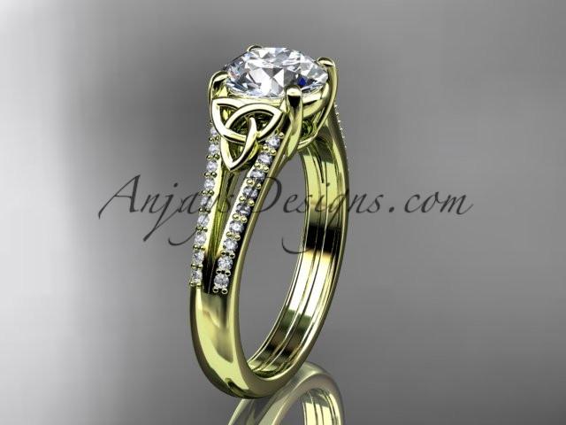 14kt yellow gold celtic trinity knot engagement ring ,diamond wedding ring with a "Forever One" Moissanite center stone CT7108 - AnjaysDesigns
