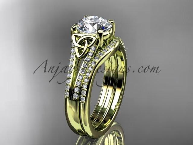 14kt yellow gold celtic trinity knot engagement ring ,diamond wedding ring, engagment set with a "Forever One" Moissanite center stone CT7108S - AnjaysDesigns