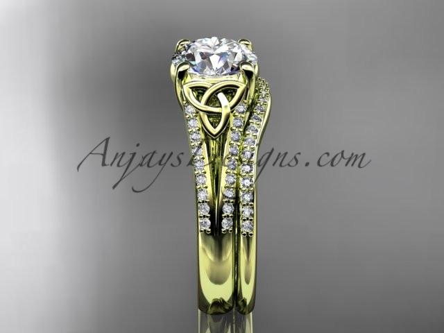 14kt yellow gold celtic trinity knot engagement ring ,diamond wedding ring, engagment set with a "Forever One" Moissanite center stone CT7108S - AnjaysDesigns
