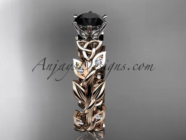 14kt rose gold diamond celtic trinity knot wedding ring, bridal ring with a Black Diamond center stone CT7124 - AnjaysDesigns