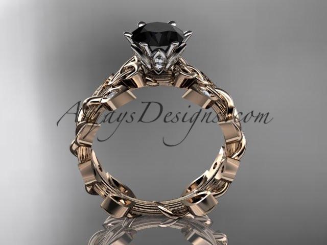14kt rose gold diamond celtic trinity knot wedding ring, bridal ring with a Black Diamond center stone CT7124 - AnjaysDesigns