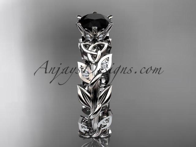 platinum diamond celtic trinity knot wedding ring, bridal ring with a Black Diamond center stone CT7124 - AnjaysDesigns