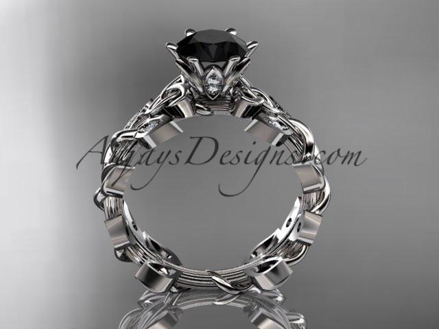 platinum diamond celtic trinity knot wedding ring, bridal ring with a Black Diamond center stone CT7124 - AnjaysDesigns