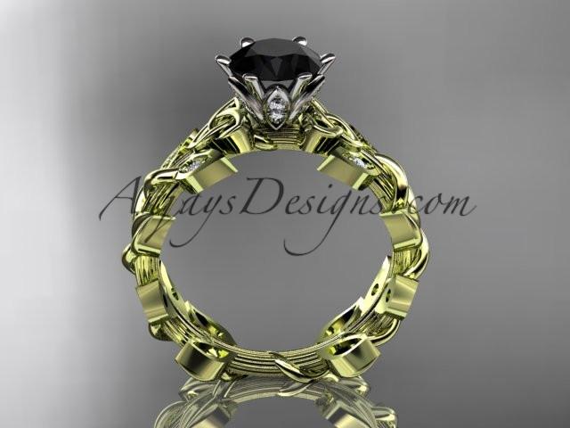 14kt yellow gold diamond celtic trinity knot wedding ring, bridal ring with a Black Diamond center stone CT7124 - AnjaysDesigns