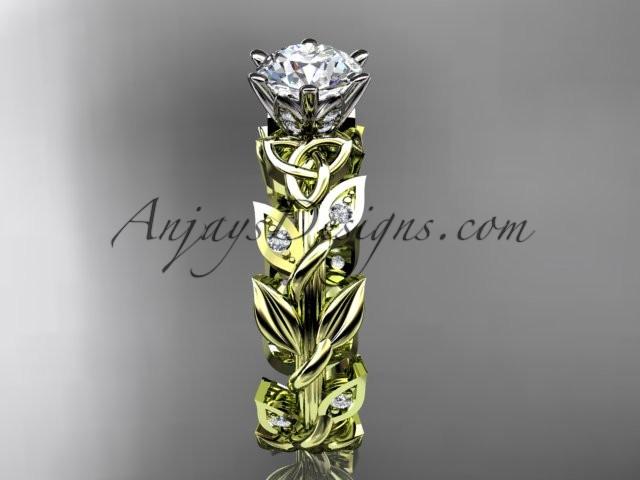 14kt yellow gold diamond celtic trinity knot wedding ring, bridal ring with a "Forever One" Moissanite center stone CT7124 - AnjaysDesigns