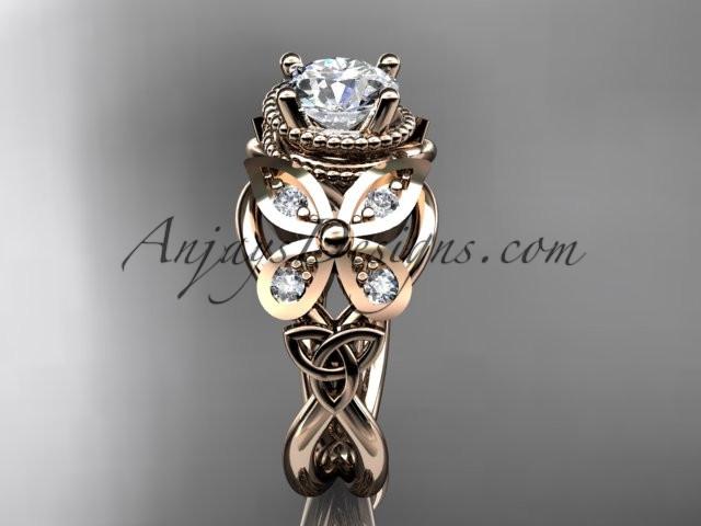 14kt rose gold diamond celtic trinity knot wedding ring,butterfly engagement ring with a "Forever One" Moissanite center stone CT7136 - AnjaysDesigns