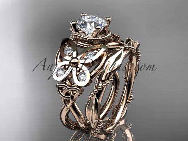 14kt rose gold diamond celtic trinity knot wedding ring, butterfly engagement set with a "Forever One" Moissanite center stone CT7136S - AnjaysDesigns