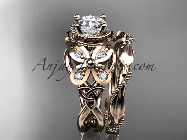 14kt rose gold diamond celtic trinity knot wedding ring, butterfly engagement set with a "Forever One" Moissanite center stone CT7136S - AnjaysDesigns