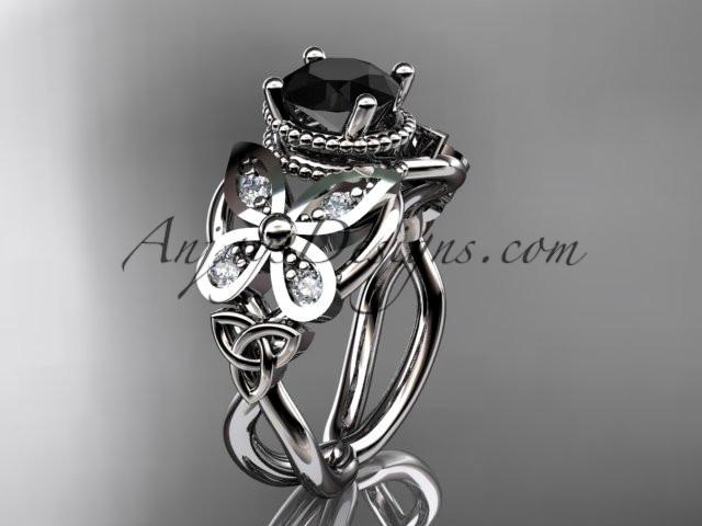 14kt white gold diamond celtic trinity knot wedding ring,butterfly engagement ring with a Black Diamond center stone CT7136 - AnjaysDesigns