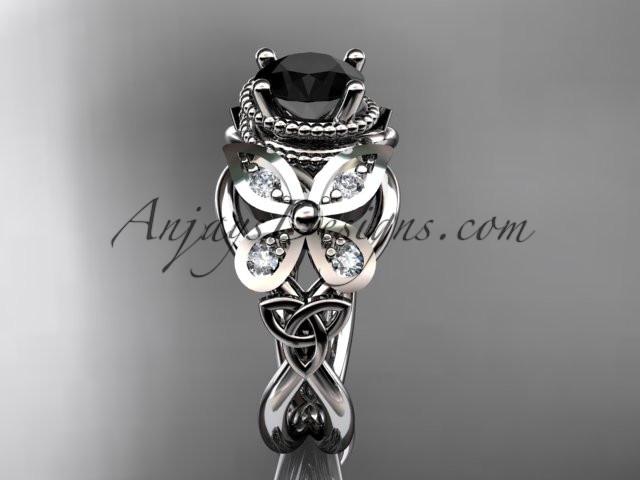 14kt white gold diamond celtic trinity knot wedding ring,butterfly engagement ring with a Black Diamond center stone CT7136 - AnjaysDesigns