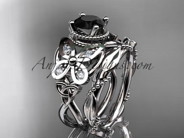 platinum diamond celtic trinity knot wedding ring, butterfly engagement set with a Black Diamond center stone CT7136S - AnjaysDesigns