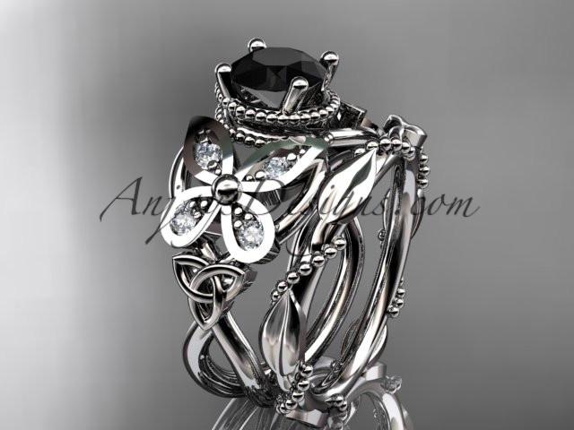 platinum diamond celtic trinity knot wedding ring, butterfly engagement set with a Black Diamond center stone CT7136S - AnjaysDesigns